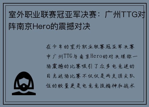 室外职业联赛冠亚军决赛：广州TTG对阵南京Hero的震撼对决